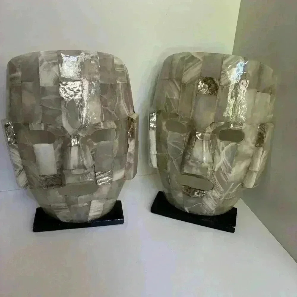 Set of two semiprecious stone souvenir Mayan Death  Masks on stands